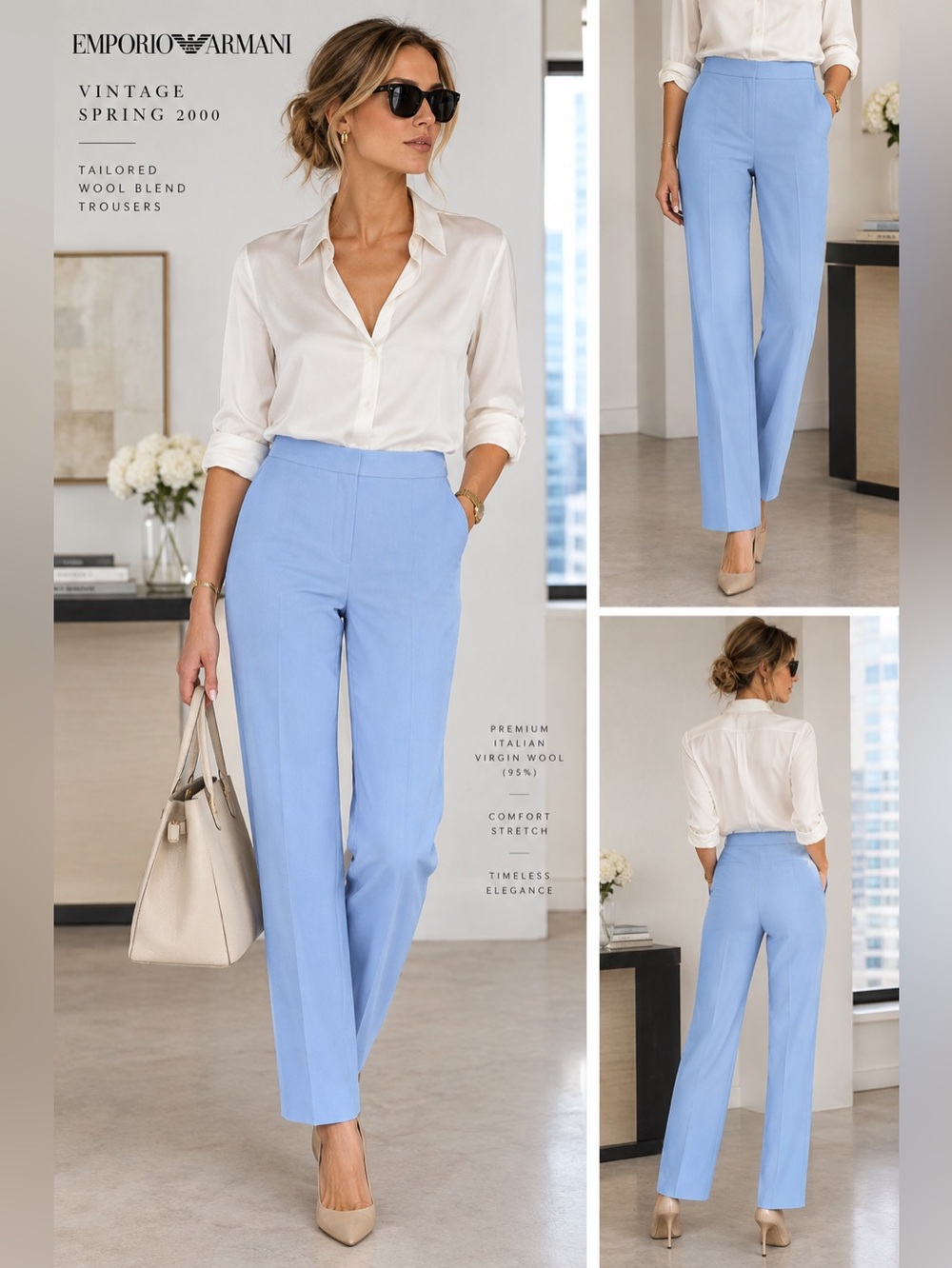 Vintage Emporio Armani Wool Trousers Blue Suit Pants IT 42 US 6 Corporate Chic